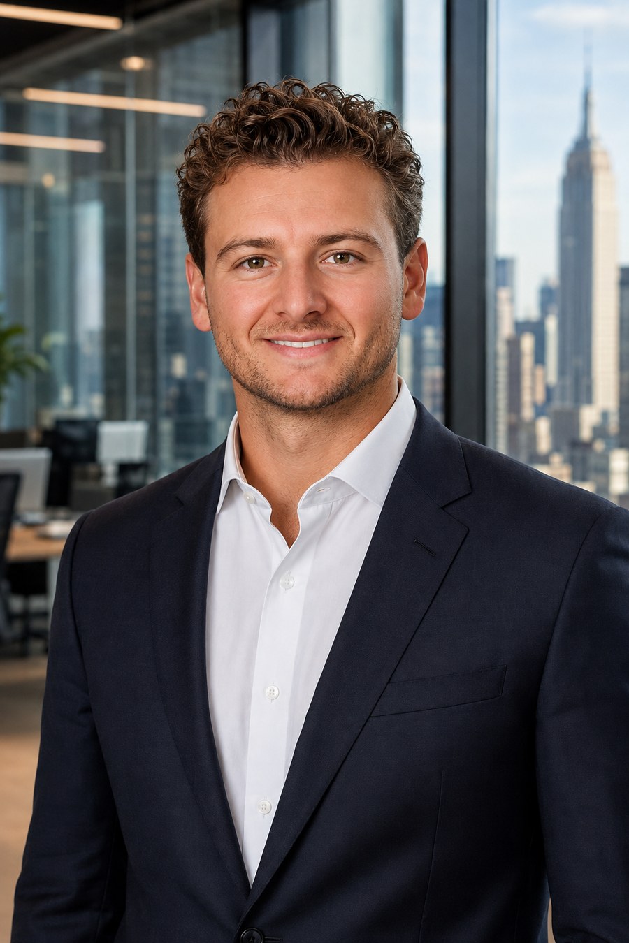 Daniel Krajewski, Founder of Valtora Consulting, photographed in an office setting with the New York City skyline in the background
